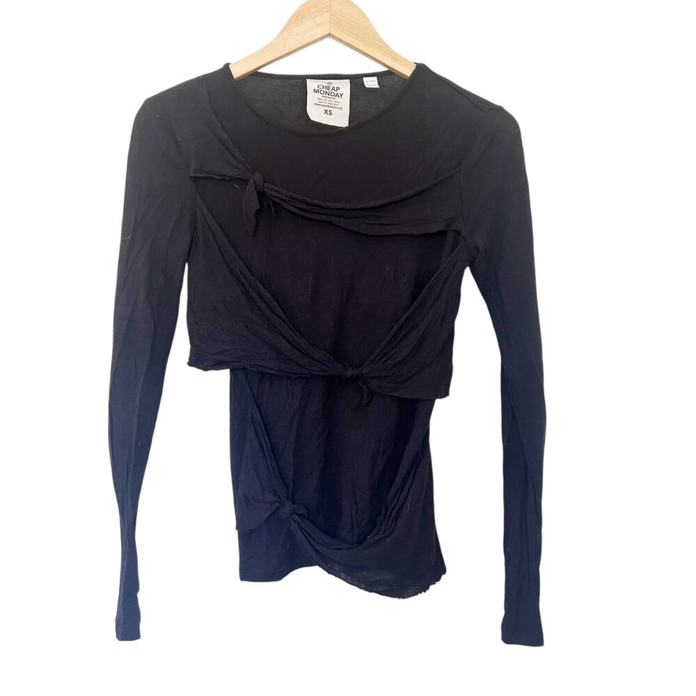 Cheap Monday Black Tie Distressed Long Sleeve Shirt Sz XS
